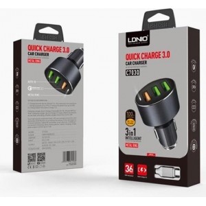 Ldnio C703Q  Autolader 3.6A USB Snelle Auto oplader 3 poorten Met 1 Meter Micro USB Kabel geschikt voor o.a One Plus X