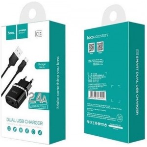 HOCO C12 Smart USB oplader adapter met 2 poorten + Lightning kabel zwart voor Apple iPhone en iPad