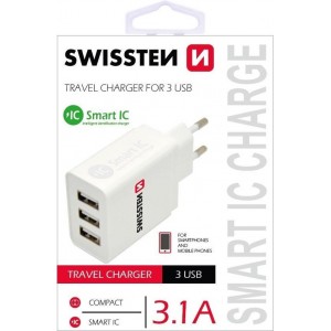 Swissten Thuislader Smart IC met 3 USB Poorten - 3.1A - Wit