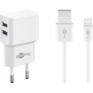 Nedis Goobay USB-A thuislader met 2 poorten en losse 8-pins Lightning - USB kabel - 2,4A / wit - 1 meter