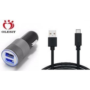 Olesit Autolader 3.1A oplader - 2 USB poorten - 5V/1.0 + 2.1A - Lader + Type C Kabel 1 Meter voor o.a  LG V30 ,Nexus 5X,