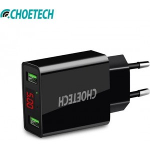 Choetech Adapter met LED display 2 Laadpoorten - 3A - Zwart