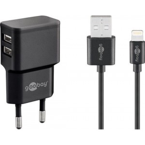 Nedis Goobay USB-A thuislader met 2 poorten en losse 8-pins Lightning - USB kabel - 2,4A / zwart - 1 meter