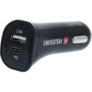 Swissten Autolader Power Delivery USB-C en USB ingang - inclusief 1.5M Micro USB Kabel - Zwart