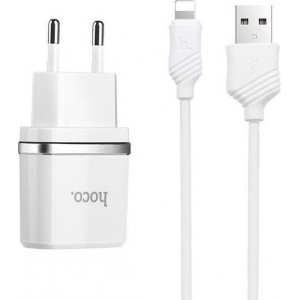 HOCO C12 Smart USB oplader adapter zwart met 2 poorten + Lightning kabel wit voor Apple iPhone en iPad