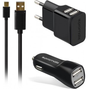 DELTACOPROM CHARGMATE-EU2DEL - Oplader kit, 2 x 2.1A USB-wandoplader, 2 x 3.1A USB-autolader USB-kabel 1,2m, zwart