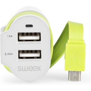 Sweex - Sweex CH-023WH Autolader 3-uitgangen 6 A 2x Usb / Micro-usb Wit/groen - 30 Dagen Niet Goed Geld Terug