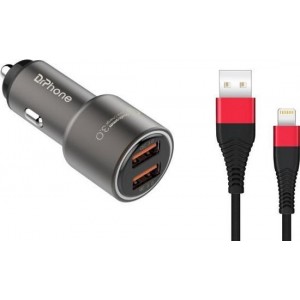 DrPhone Invincible2 - Metalen Autolader 2 Poorten + 1,2 Meter Oplaadkabel / Kabel – Geschikt voor iPhone en iPad  - Gun Grey-