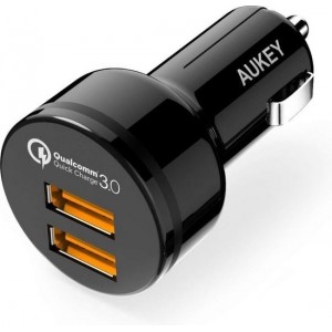 Aukey CC-T8 Qualcomm Quick Charge 3.0 Sigarettenplug autolader 2 USB Poorten - Zwart