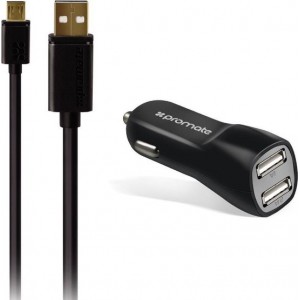 DELTACOPROM CARKITM.BLACK, Autolader met 2 USB poorten en 1 Micro-USB kabel, 1.2 meter, zwart