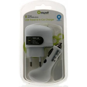 Muvit usb charge kit rubber coated (car+travel) white