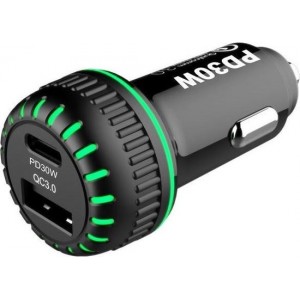 NÖRDIC CARC-N1001 autolader 30W met 1xUSB C PD 30W, 1xUSB A 18W Quick charge 3.0 Qualcomm gecertificeerd, zwart