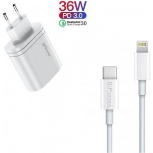 DrPhone - ICON - 36W - 2 Poort Oplader - USB-C + 1 Meter USB-C Naar Lightning Kabel 5V - Voor Apple iPhone + iPad - Wit