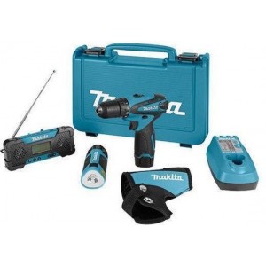 Makita Combiset met 10,8V Li-Ion Accuboormachine DF330DW + Lamp DEZBML100 + Radio STEXMR051