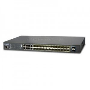 Planet switch: L2+ 24-Port 100/1000BASE-X SFP w / 8-Port Shared TP + 2-Port 10G SFP+ Managed Stackable Switch - Zwart