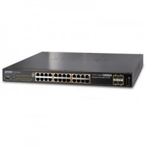 Planet switch: 24-Port 10/100/1000Mbps with 4-Port Shared SFP 802.3at PoE Managed Stackable Switch - Zwart