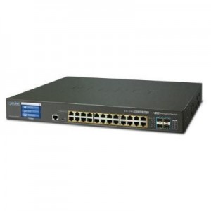 Planet switch: L2+ 24-Port 10/100/1000T 802.3at PoE + 4-Port 10G SFP+ Managed Switch with LCD Touch Screen - Zwart