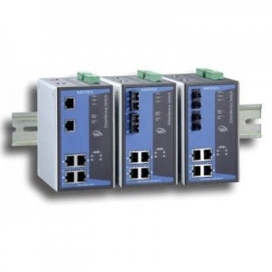 Moxa switch: 4x RJ45 10/100BaseT(X) PoE+, 2x Multi-mode S7, 256 IGMP, IP30, 0 - 60˚C - Grijs