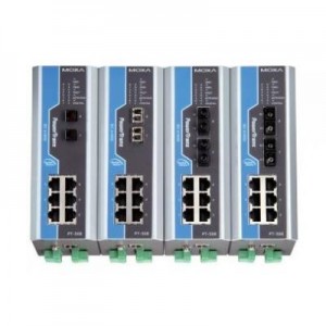 Moxa switch: 6x RJ45 10/100 BaseT(X), 2x Singlemode, LC, 48 VDC, 256 IGMP Groups, IP40 - Grijs