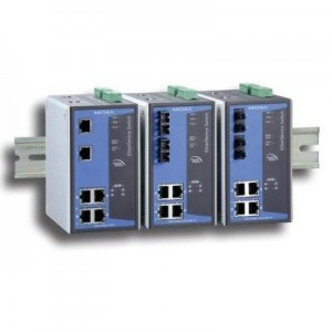Moxa switch: 4x RJ45 10/100BaseT(X) PoE+, 2x Single-mode SC, 256 IGMP, IP30, 0 - 60˚C - Grijs