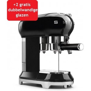 SMEG Espressomachine Zwart + Maxxo dubbelwandige glazen - 2 stuks