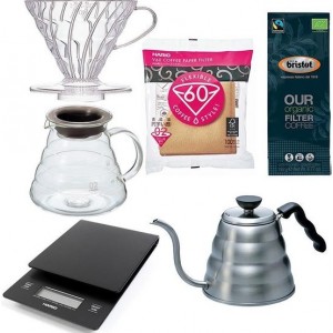 Hario V60 Range Server Slow Coffee starter set 1-4 kops + Bristot OUR Biologische Filter Koffie