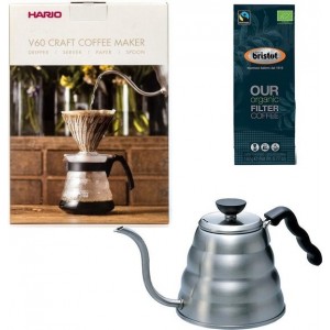 Hario V60 slow coffee kit + Hario V60 Buono Waterketel 1.2 liter + Bristot OUR Biologische Filter Koffie