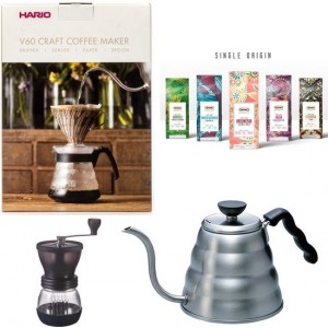 Hario V60 slow coffee starter kit + Hario Koffiemolen + Hario Waterketel 1,2ltr + Bristot single origin koffiebonen pakket