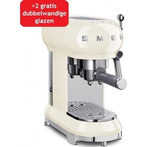 SMEG Espressomachine Creme + Maxxo dubbelwandige glazen - 2 stuks