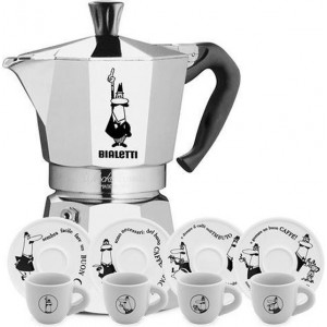 Bialetti Moka Express 4 kops + Carosello espresso kop en schotel 4 stuks