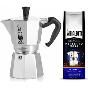 Bialetti Moka Express 6 kops + Bialetti Intenso gemalen koffie 250gr