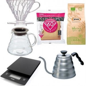 Hario V60 Range Server Slow Coffee starter set 1-4 kops + Bristot BIO 100% biologische koffie