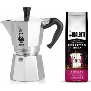 Bialetti Moka Express 4 kops + Bialetti Delicato gemalen koffie 250gr