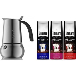 Bialetti Kitty Percolator Inductie RVS 6 kops + Bialetti koffie proefpakket 3 x 250gr