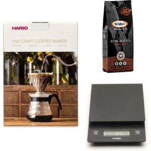 Hario V60 slow coffee kit + Hario V60 Weegschaal + Bristot Diamante 100% Arabica gemalen koffie