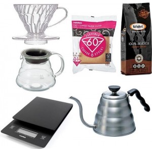 Hario V60 Range Server Slow Coffee starter set 1-2 kops + Bristot Diamante 100% Arabica gemalen koffie