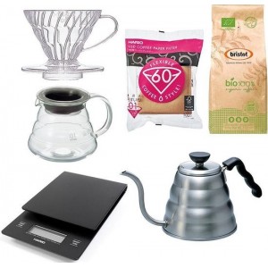 Hario V60 Range Server Slow Coffee starter set 1-2 kops + Bristot BIO 100% biologische koffie