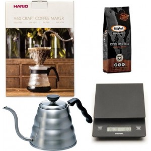 Hario V60 slow coffee kit + Hario V60 Weegschaal + Hario V60 Waterketel 1.2 liter + Bristot Diamante 100% Arabica gemalen koffie