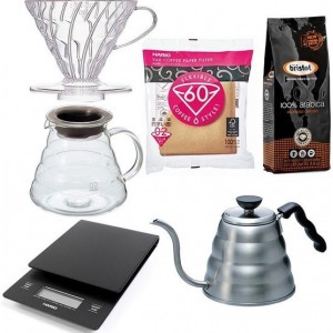 Hario V60 Range Server Slow Coffee starter set 1-4 kops + Bristot Diamante 100% Arabica gemalen koffie