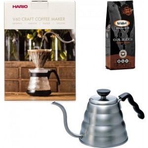 Hario V60 slow coffee kit + Hario V60 Buono Waterketel 1.2 liter + Bristot Diamante 100% Arabica gemalen koffie