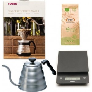 Hario V60 slow coffee kit + Hario V60 Weegschaal + Hario V60 Waterketel 1.2 liter + Bristot BIO 100% biologische koffie