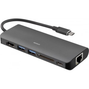 DELTACO USBC-1266 – USB-C Docking Station, HDMI, RJ45, USB 3.1, USB-C, SD kaart - aluminium, zwart