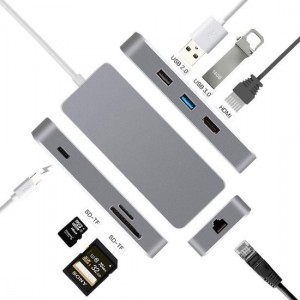 7-in-1 USB C adapter naar HDMI + Rj45 Gigabit Ethernet + SD + 2x USB Space Grey