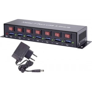 Renkforce 7 poorten USB 3.0 hub Met metalen behuizing, Individueel schakelbaar, Voor wandmontage Zwart