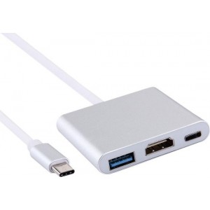 USB-C (Type-C 3.1) Male naar USB-C Female + HDMI + USB 3.0 Adapter Hub | Zilver / Silver | Premium Kwaliteit