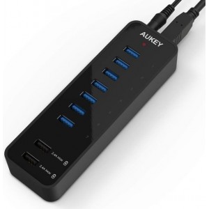 AUKEY SuperSpeed 7-poorts USB 3.0-hub met 2 slimme oplaadpoorten (tot 2.4A) met USB 3.0-kabel en 12V 4A-voedingsadapter, CB-H18