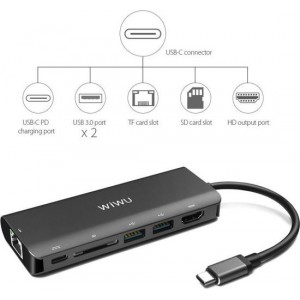 H1 Plus 6-in-1 Type C convertor Hub ( 1x LAN , 1x Type-C,  1x HDMI, 1x SD, 2x USB 3.0) - Grijs