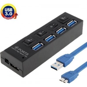 Premium 4-Poorts USB 3.0 Hub splitter High Speed adapter met schakelaars en LED Plug & Play | Zwart