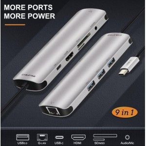 9-in-1 USB C Hub - 4K HMDI / Ethernet / USB 3.0 / Micro SD / SD / USB-C / Aux-ingang