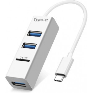 USB type C splitter hub met 3 standaard USB 2.0 (type A) poorten en 1 microSD geheugenkaartlezer